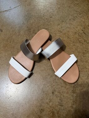 LC Lauren Conrad White and Metallic Double-Band Slide Sandals